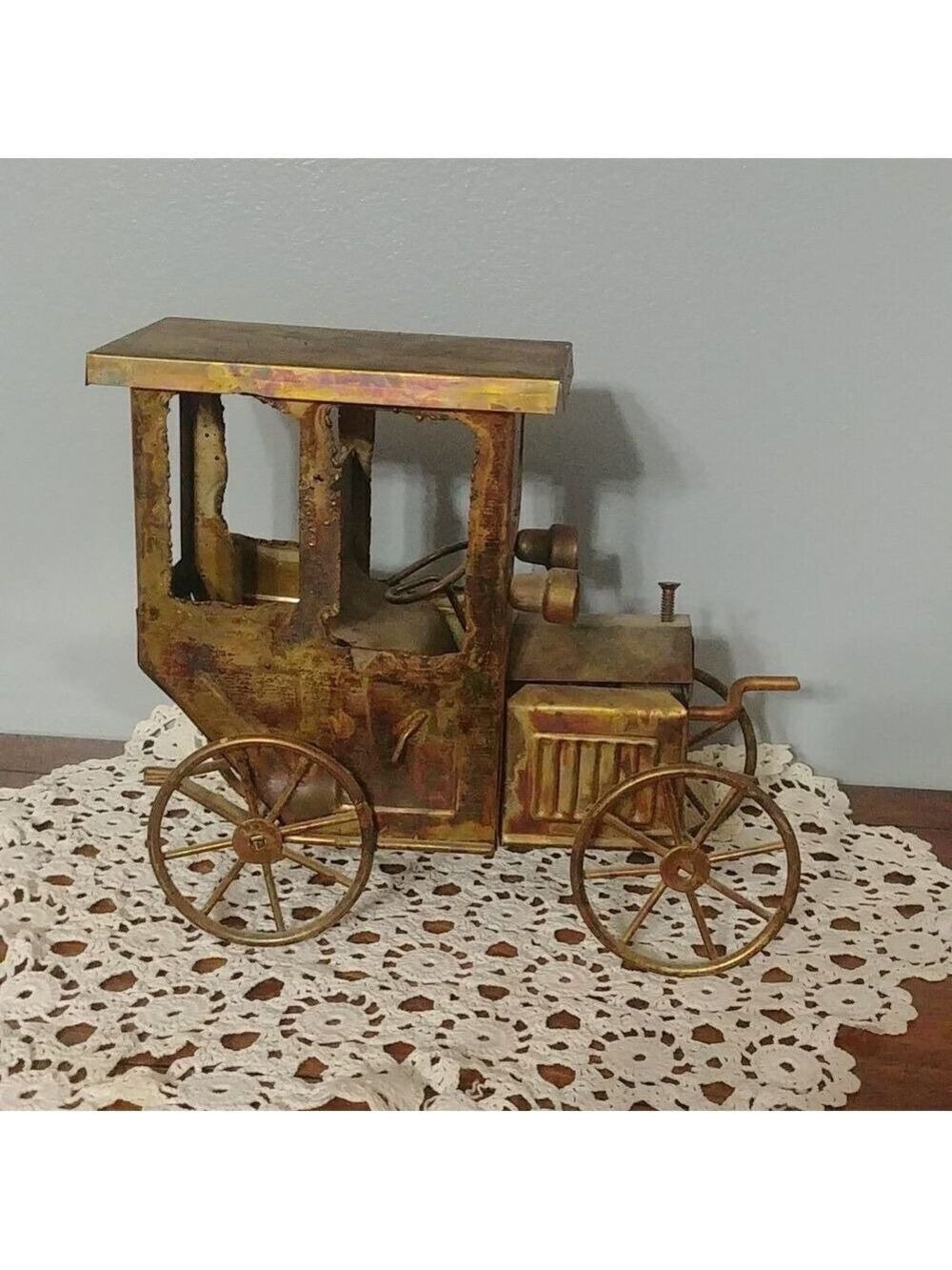 Beautiful Patina Metal Car Collectible Music Box with Moving Engine Cover